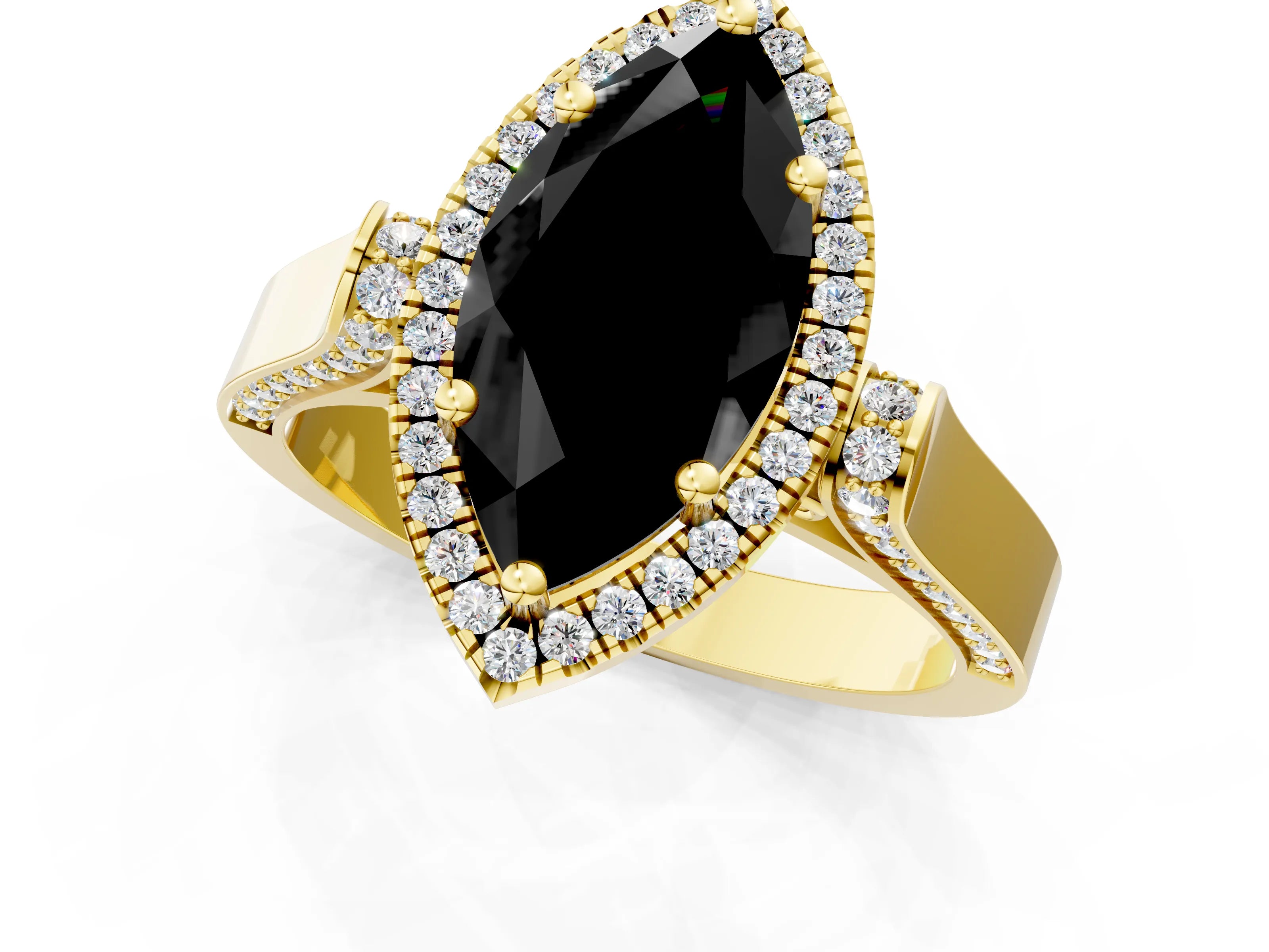 Yellow gold Fancy Black Marquise Cut Halo Round Diamond Twist Band with Four-Prong Setting_1
