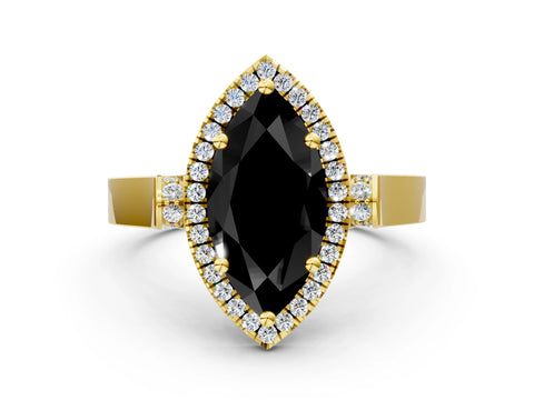 Yellow gold Fancy Black Marquise Cut Halo Round Diamond Twist Band with Four-Prong Setting