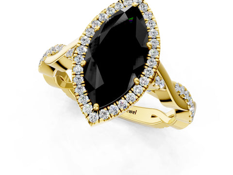 Yellow gold Fancy Black Marquise Cut Halo Twist Band with Four-Prong Setting_1