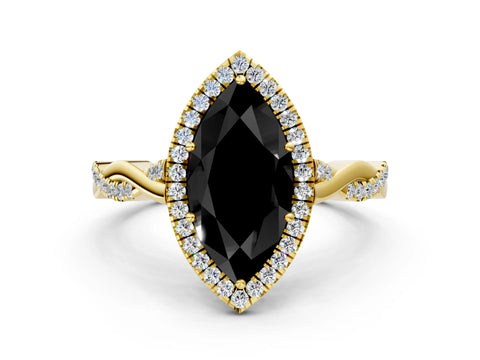 Yellow gold Fancy Black Marquise Cut Halo Twist Band with Four-Prong Setting
