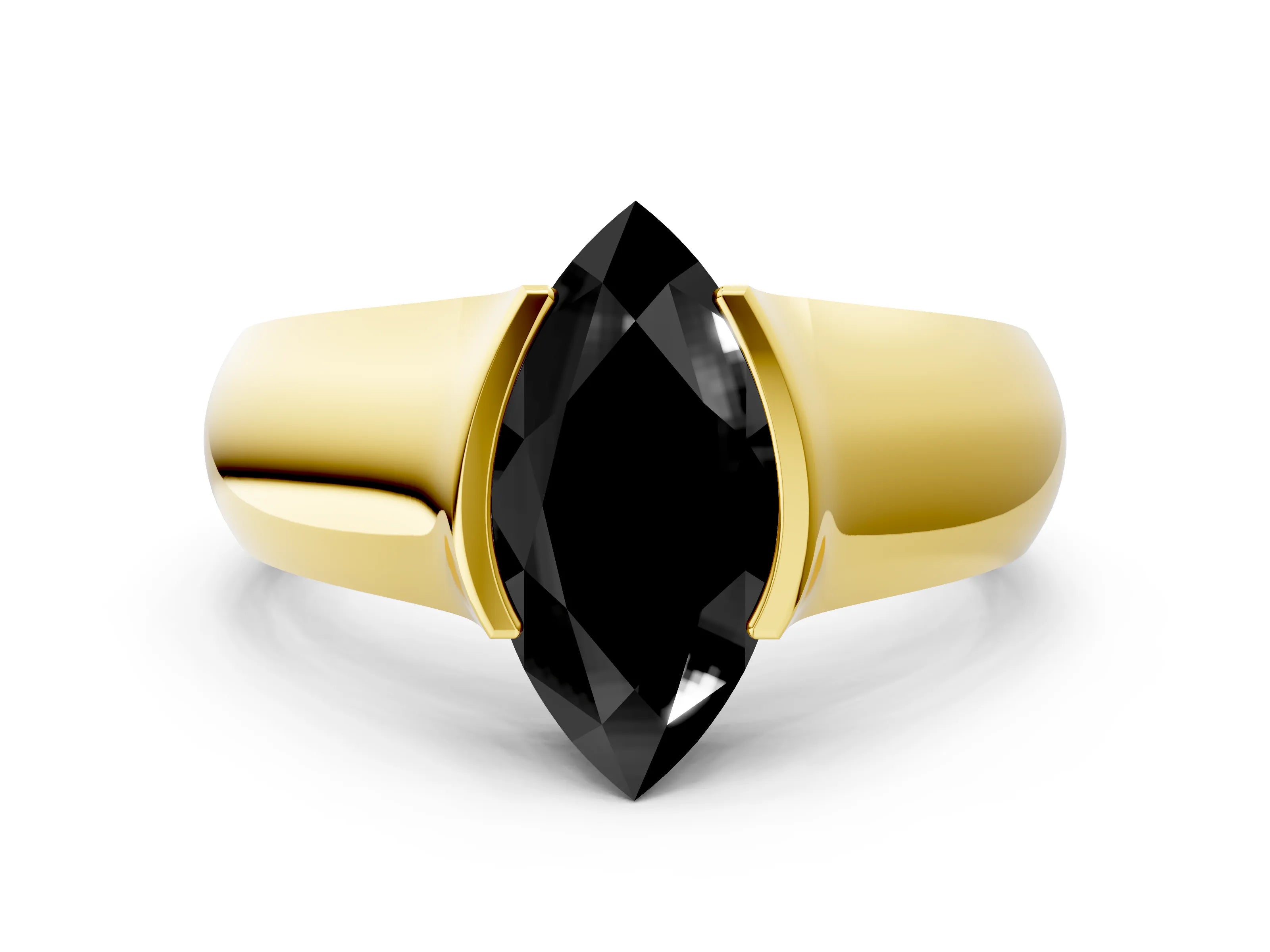 Yellow gold Fancy Black Marquise Cut Solitaire Bezel Set Diamond Ring with Wide Band