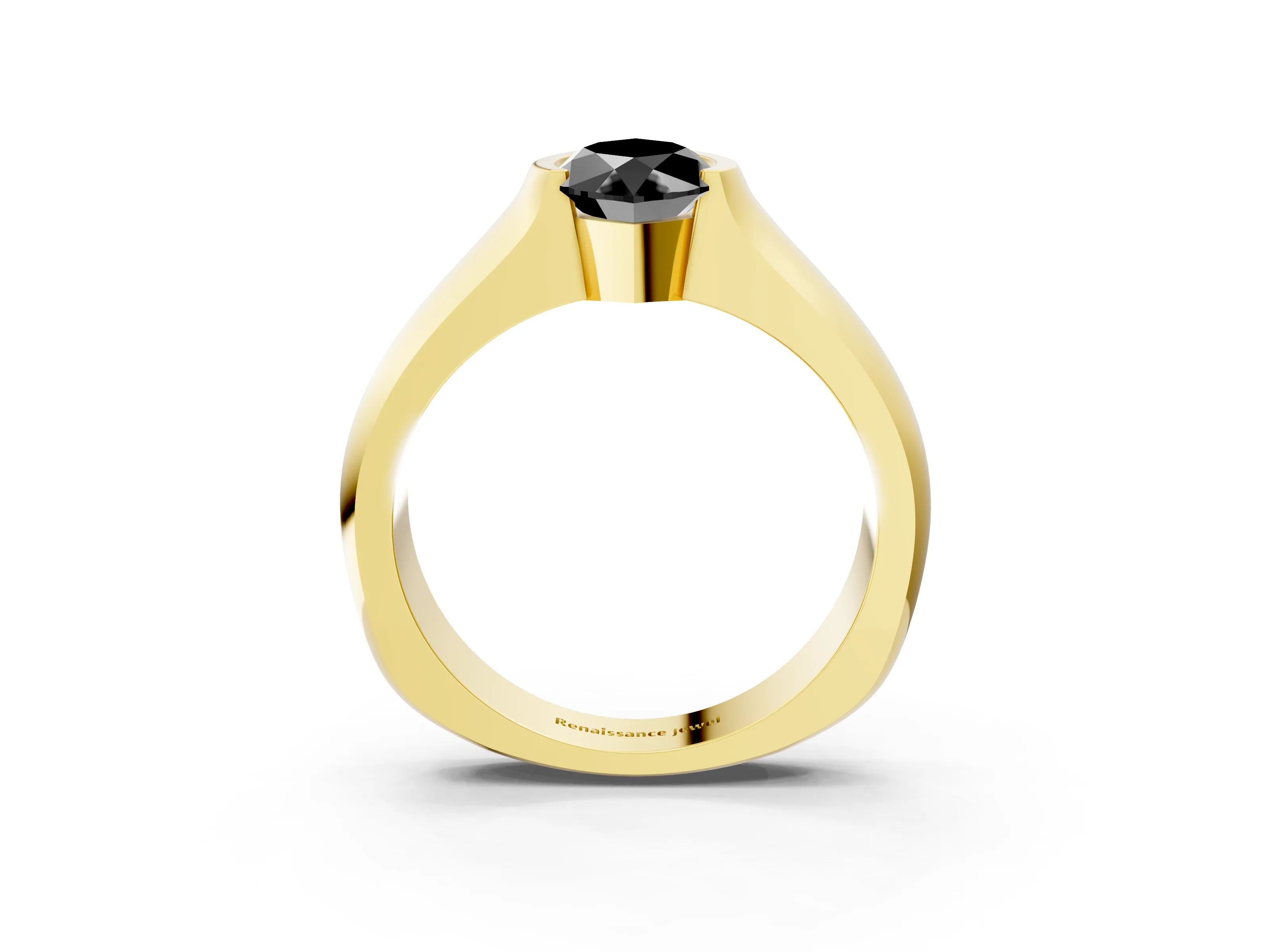 Yellow gold Fancy Black Marquise Cut Solitaire Bezel Set Diamond Ring with Wide Band_3