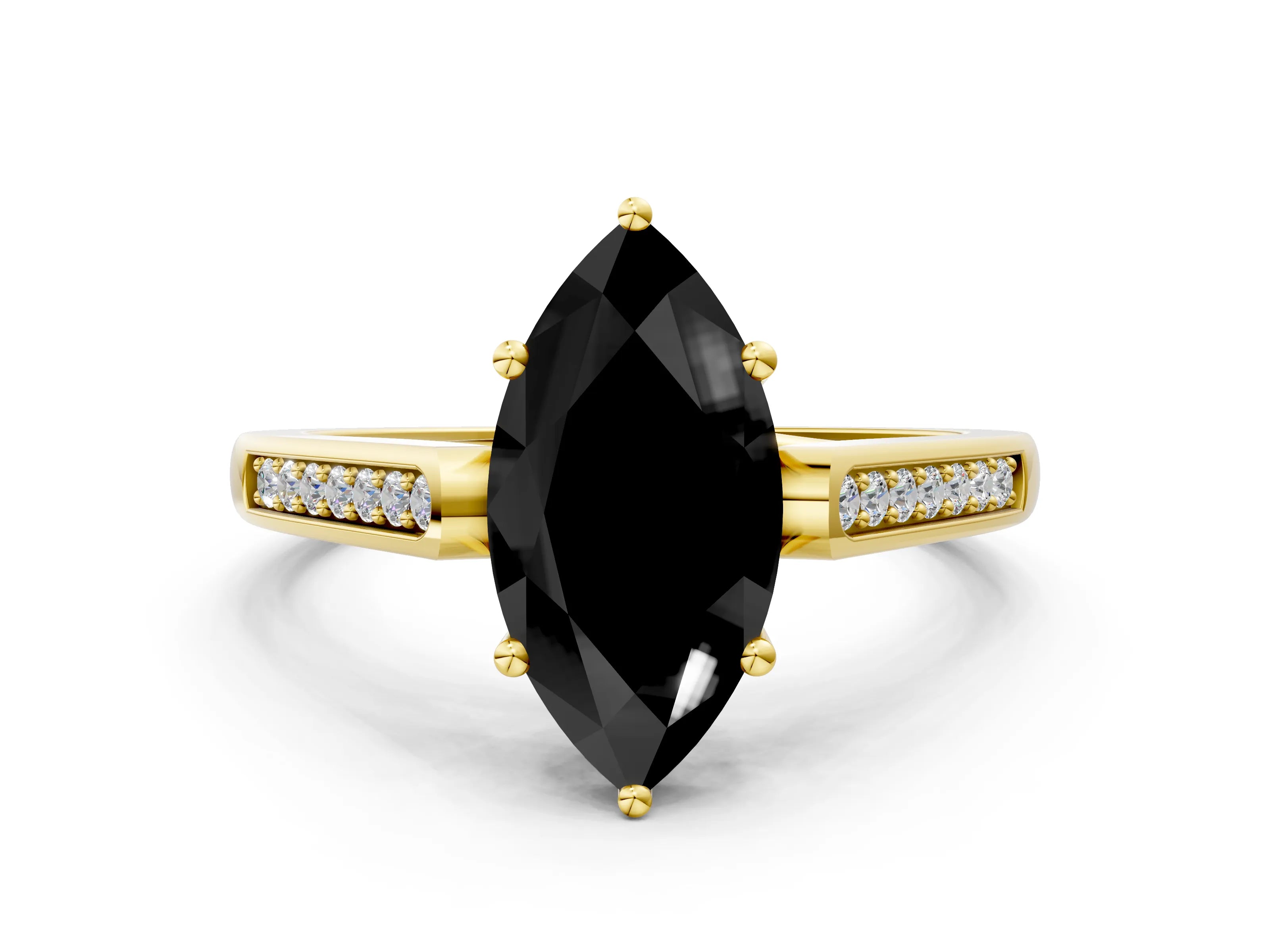 Yellow gold Fancy Black Marquise Cut Solitaire Cathedral Diamond Engagement Ring with Channel-Set Band and Four-Prong Setting_3