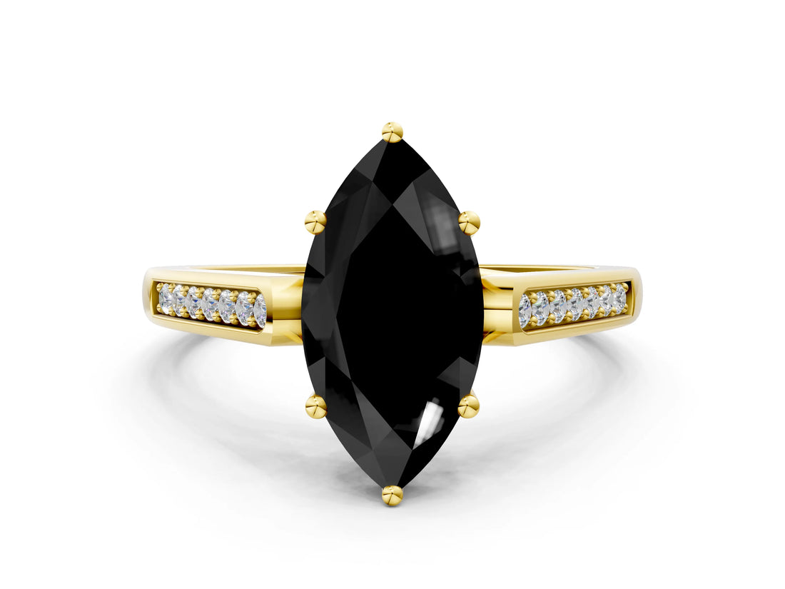 Yellow gold Fancy Black Marquise Cut Solitaire Cathedral Diamond Engagement Ring with Channel-Set Band and Four-Prong Setting_3