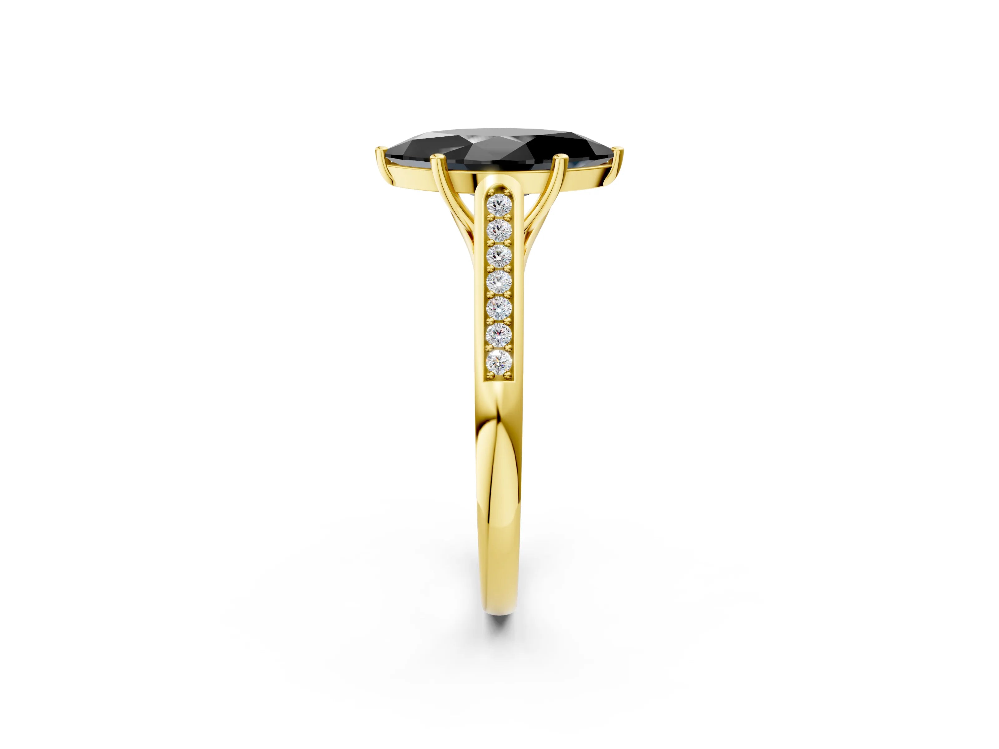 Yellow gold Fancy Black Marquise Cut Solitaire Cathedral Diamond Engagement Ring with Channel-Set Band and Four-Prong Setting_5