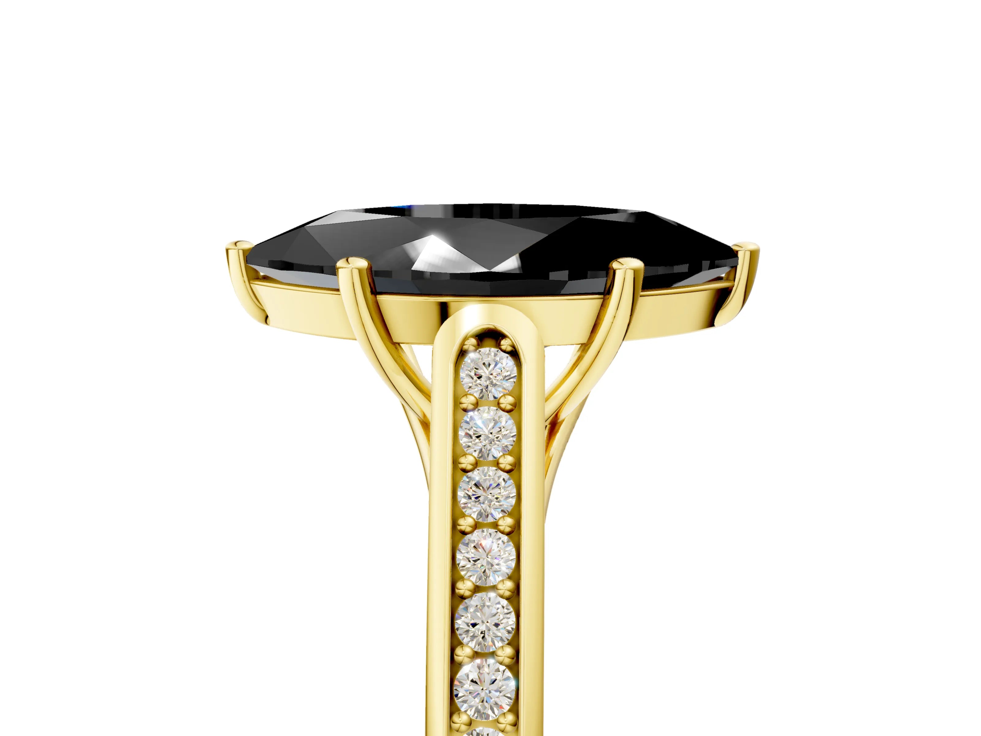 Yellow gold Fancy Black Marquise Cut Solitaire Cathedral Diamond Engagement Ring with Channel-Set Band and Four-Prong Setting_8