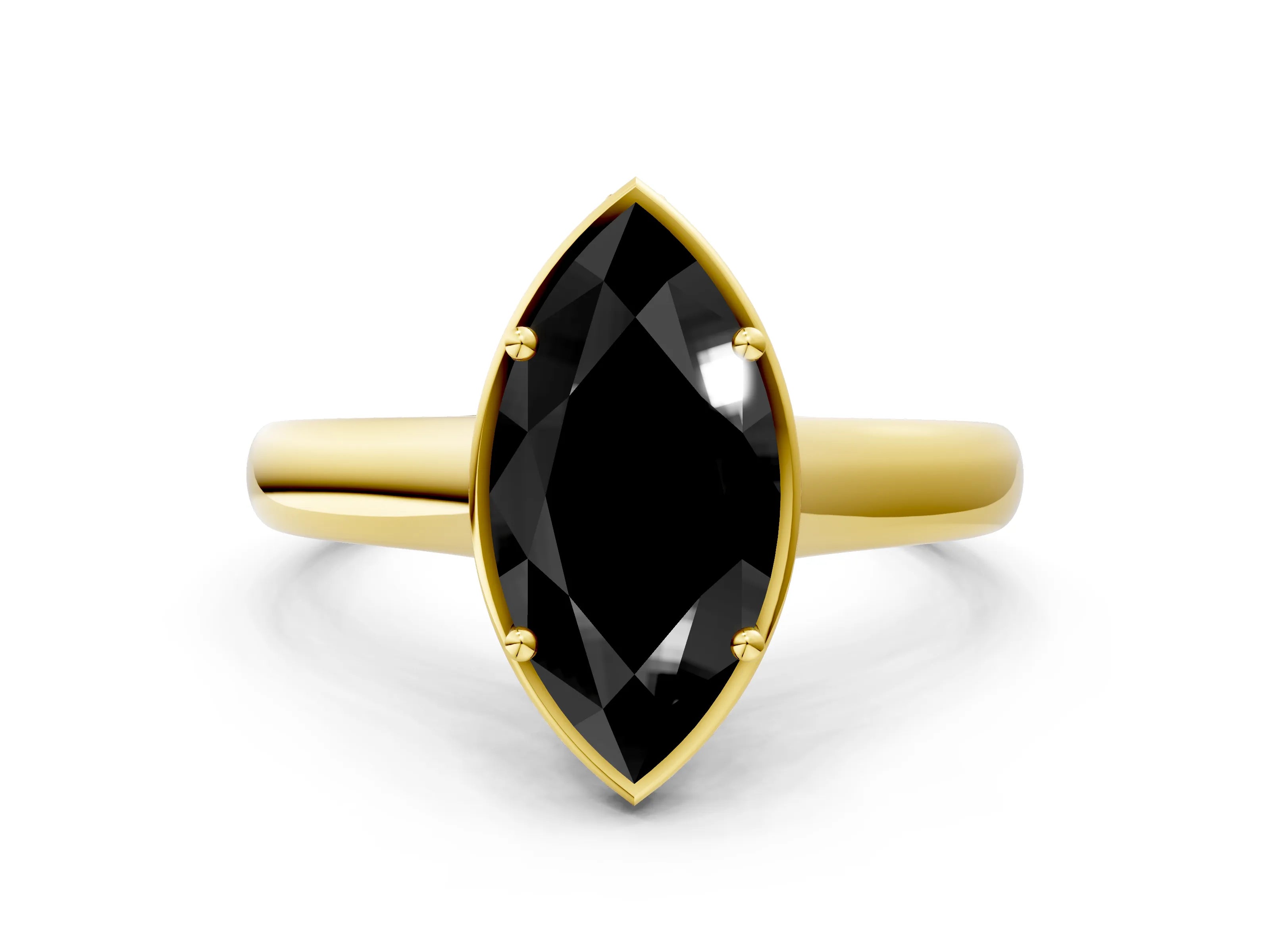 Yellow gold Fancy Black Marquise Cut Solitaire Diamond Engagement Ring with Four-Prong Setting and Tapered Band
