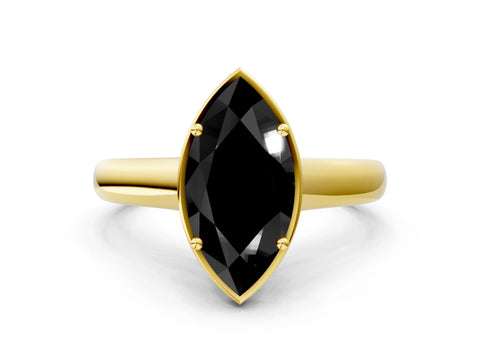 Yellow gold Fancy Black Marquise Cut Solitaire Diamond Engagement Ring with Four-Prong Setting and Tapered Band