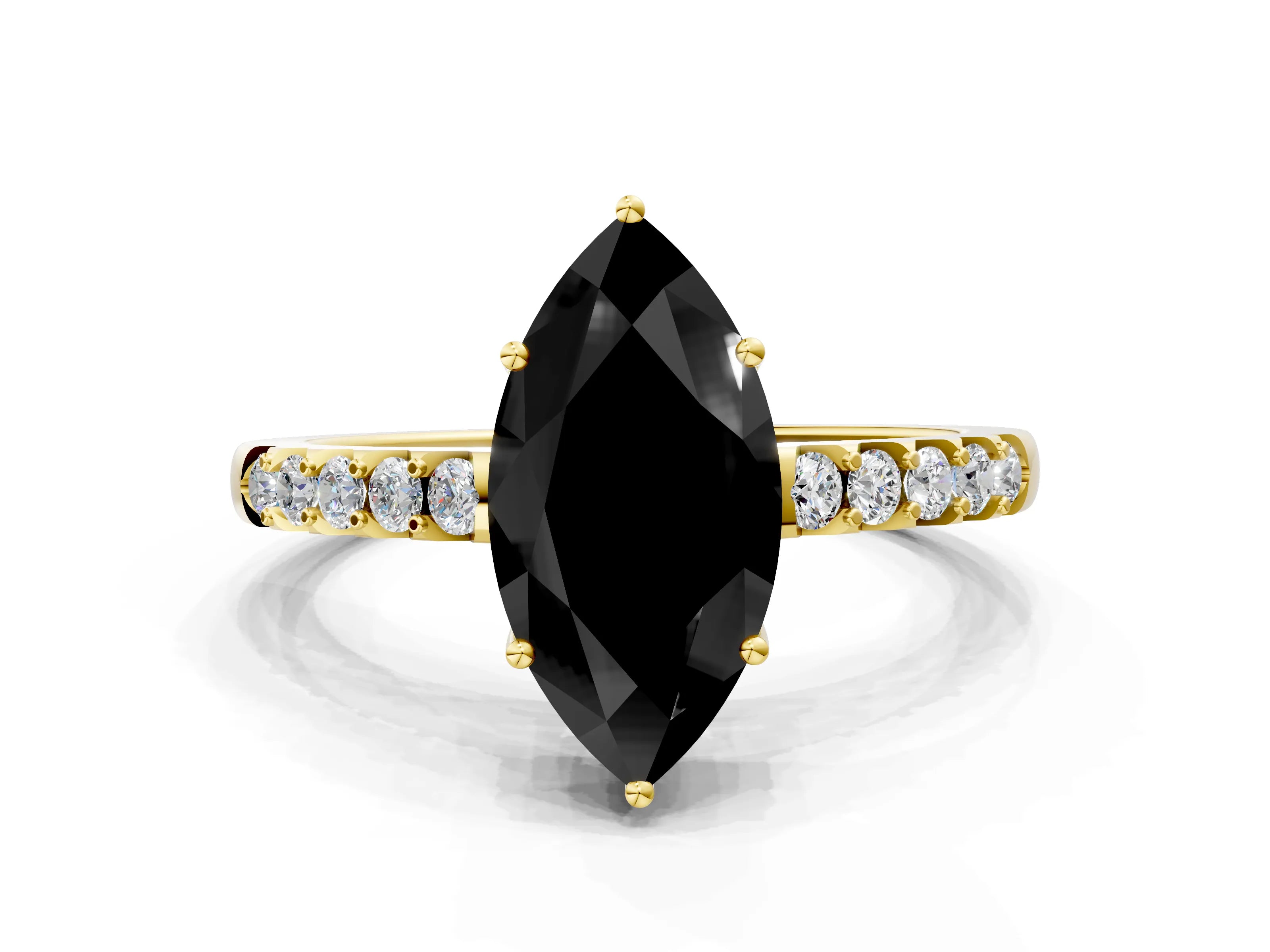 Yellow gold Fancy Black Marquise Cut Solitaire Diamond Engagement Ring with Pavé Band and Six-Prong Setting_12