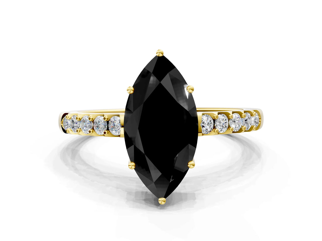 Yellow gold Fancy Black Marquise Cut Solitaire Diamond Engagement Ring with Pavé Band and Six-Prong Setting_12