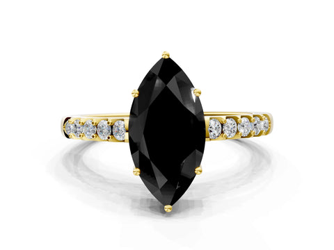 Yellow gold Fancy Black Marquise Cut Solitaire Diamond Engagement Ring with Pavé Band and Six-Prong Setting_12