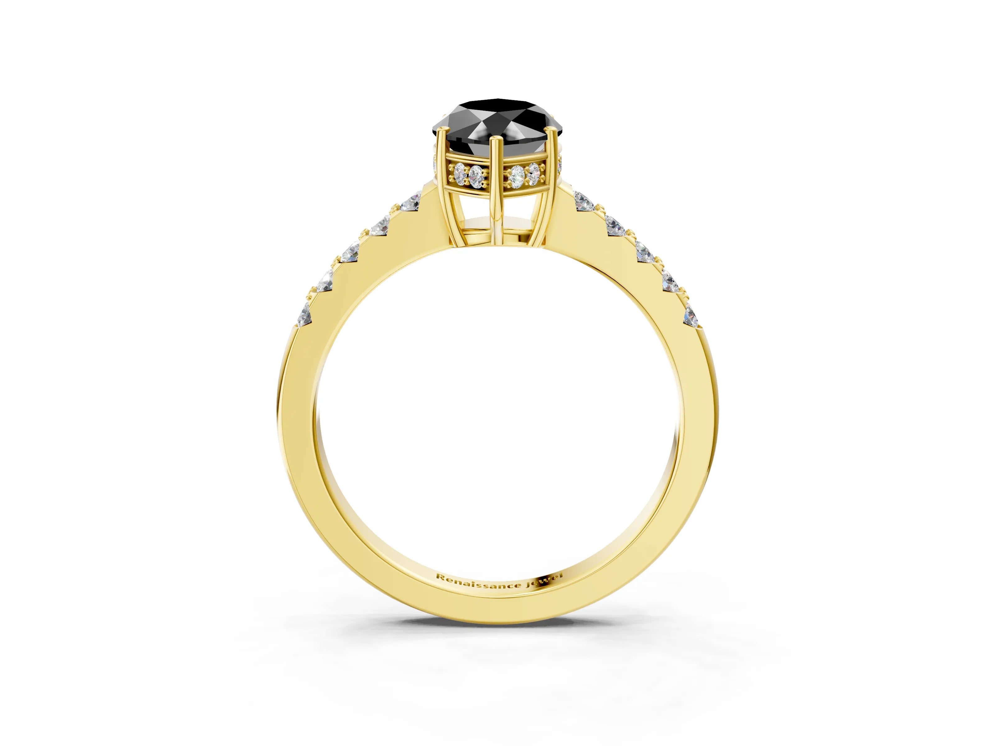 Yellow gold Fancy Black Marquise Cut Solitaire Diamond Engagement Ring with Pavé Band and Six-Prong Setting_15