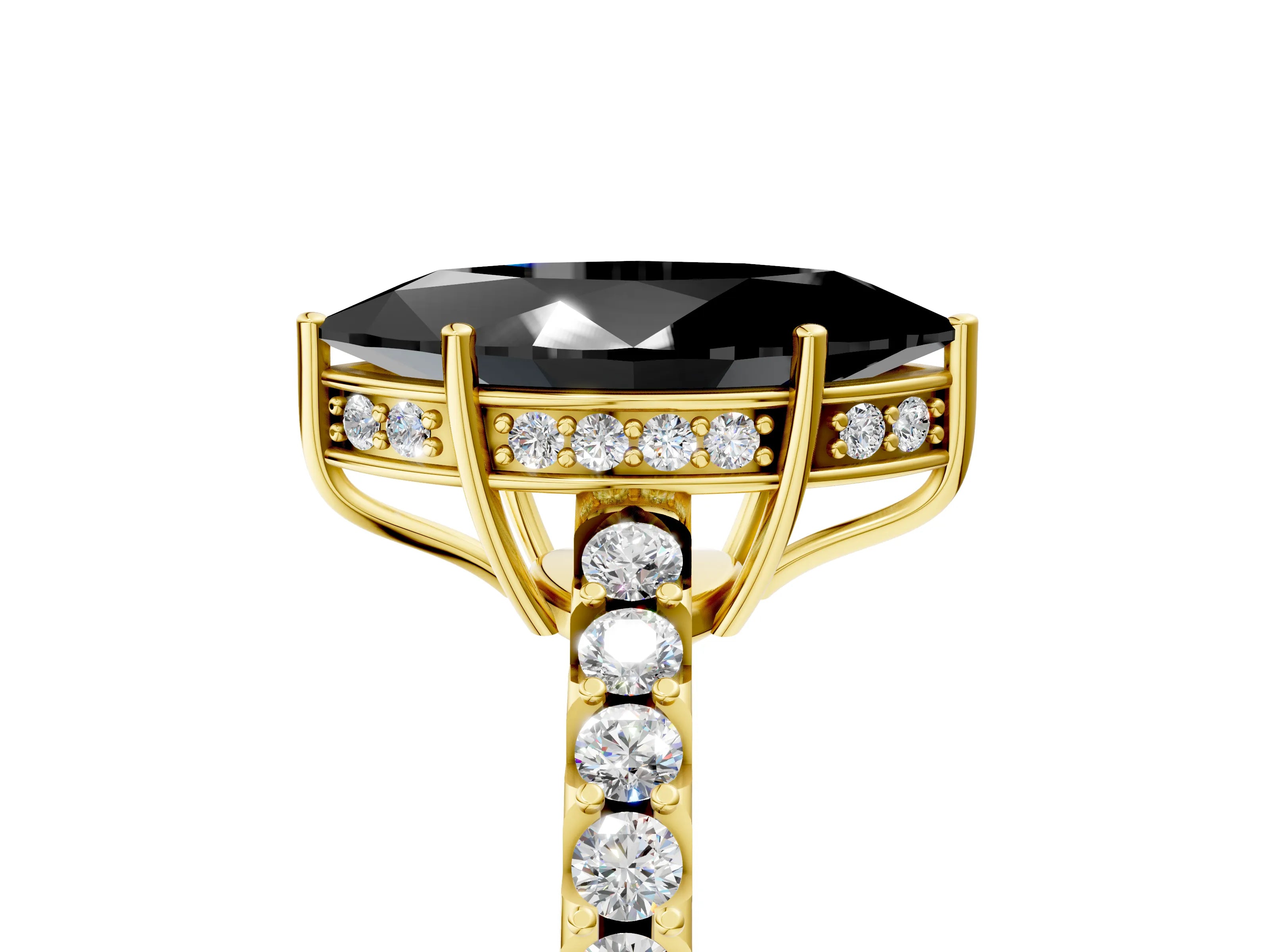 Yellow gold Fancy Black Marquise Cut Solitaire Diamond Engagement Ring with Pavé Band and Six-Prong Setting_17