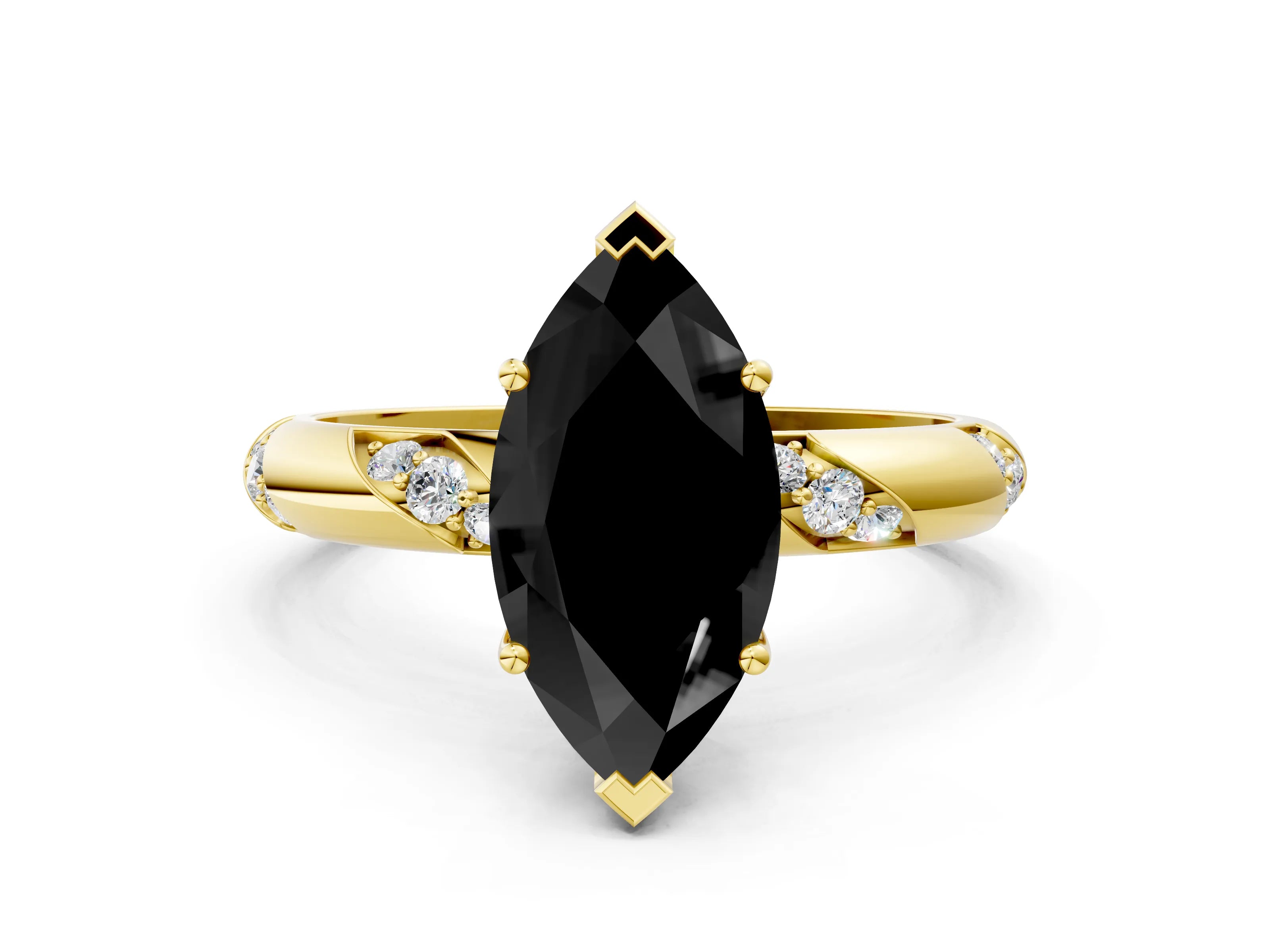 Yellow gold Fancy Black Marquise Cut Solitaire Diamond Engagement Ring with Twisted Pave Band and Four-Prong Setting_3