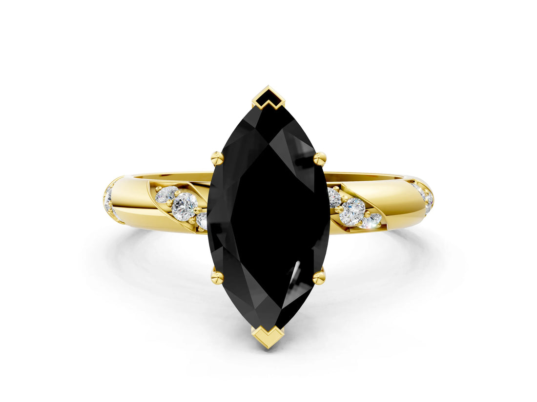 Yellow gold Fancy Black Marquise Cut Solitaire Diamond Engagement Ring with Twisted Pave Band and Four-Prong Setting_3