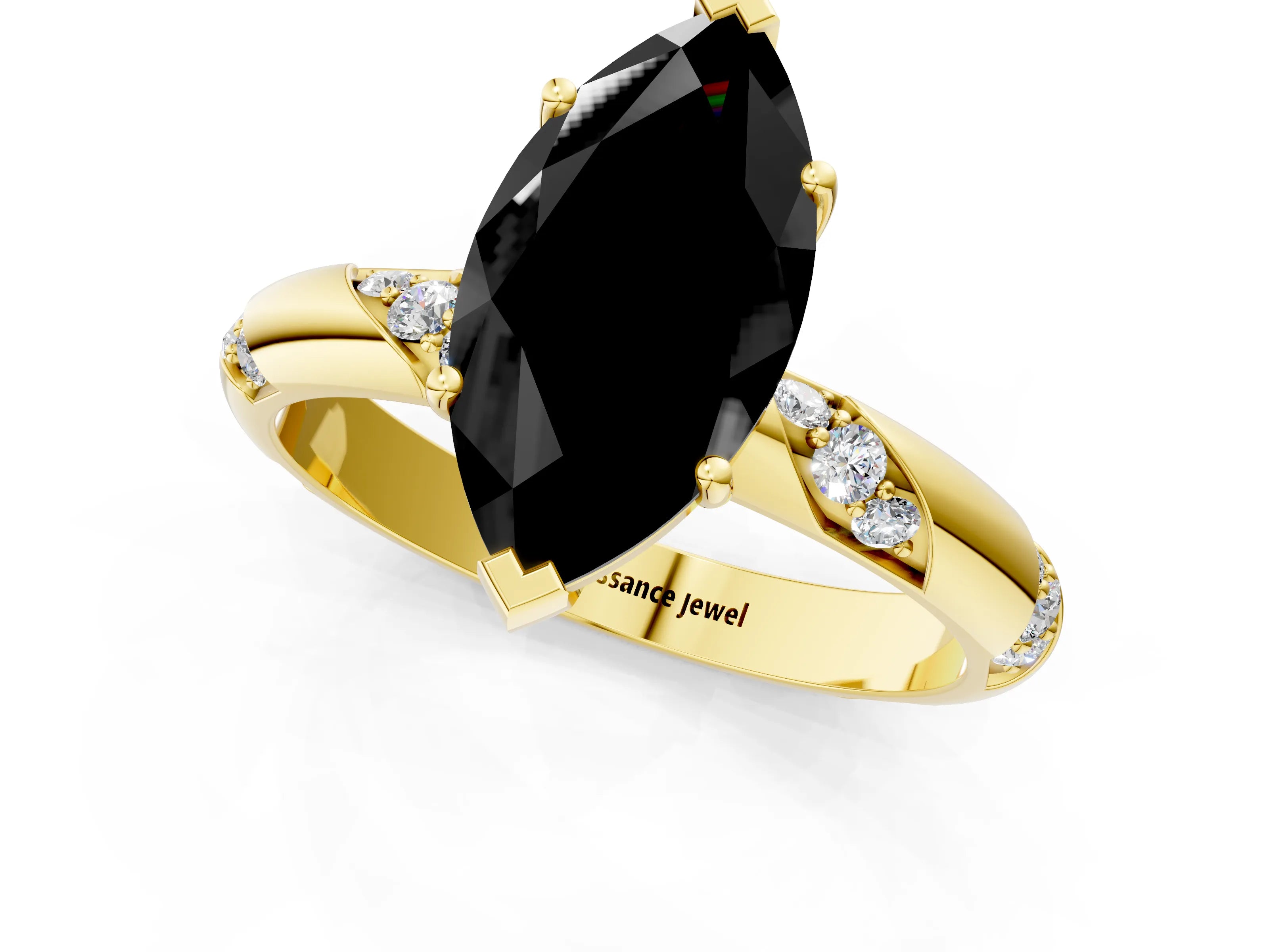 Yellow gold Fancy Black Marquise Cut Solitaire Diamond Engagement Ring with Twisted Pave Band and Four-Prong Setting_4