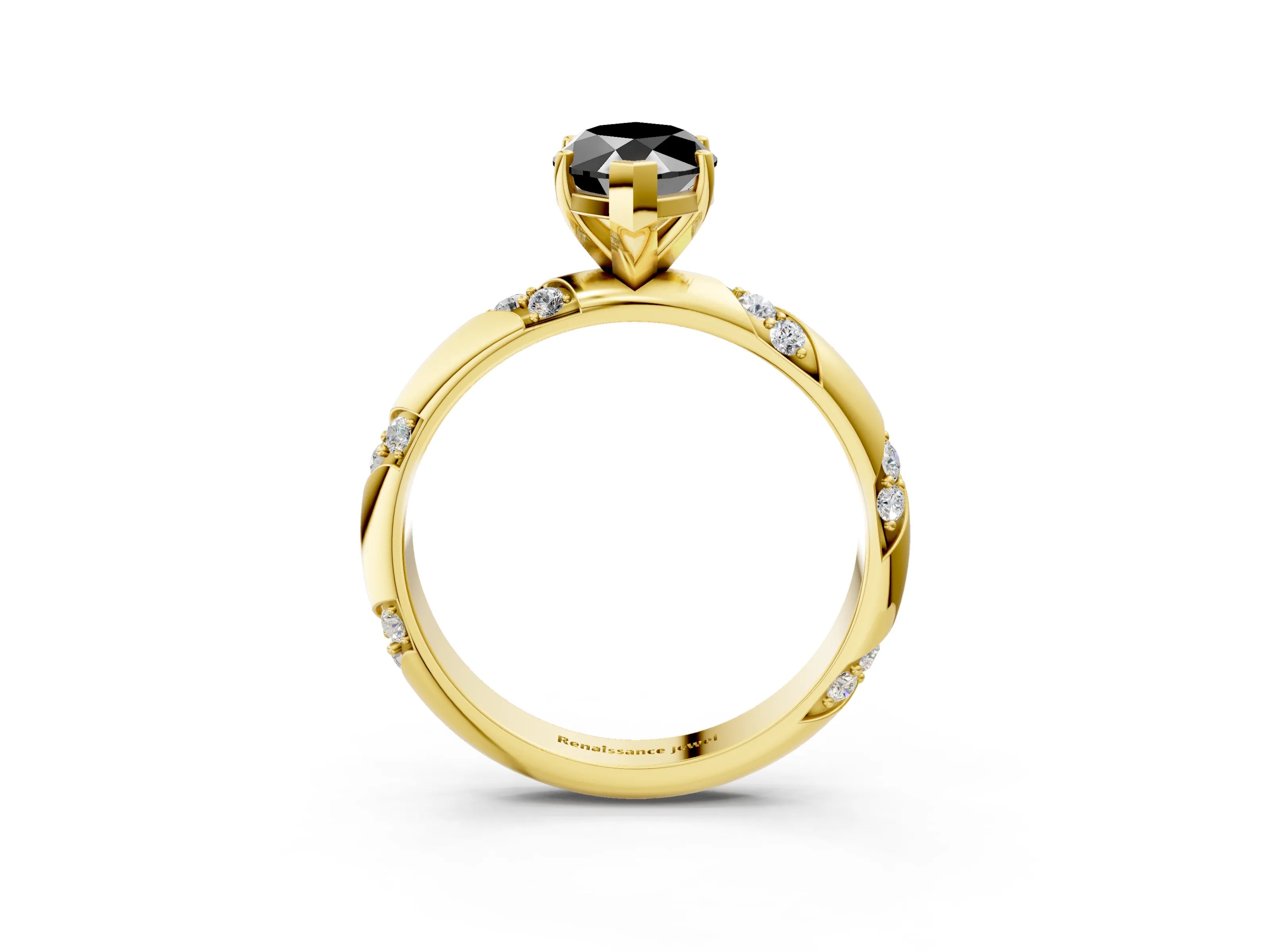 Yellow gold Fancy Black Marquise Cut Solitaire Diamond Engagement Ring with Twisted Pave Band and Four-Prong Setting_6