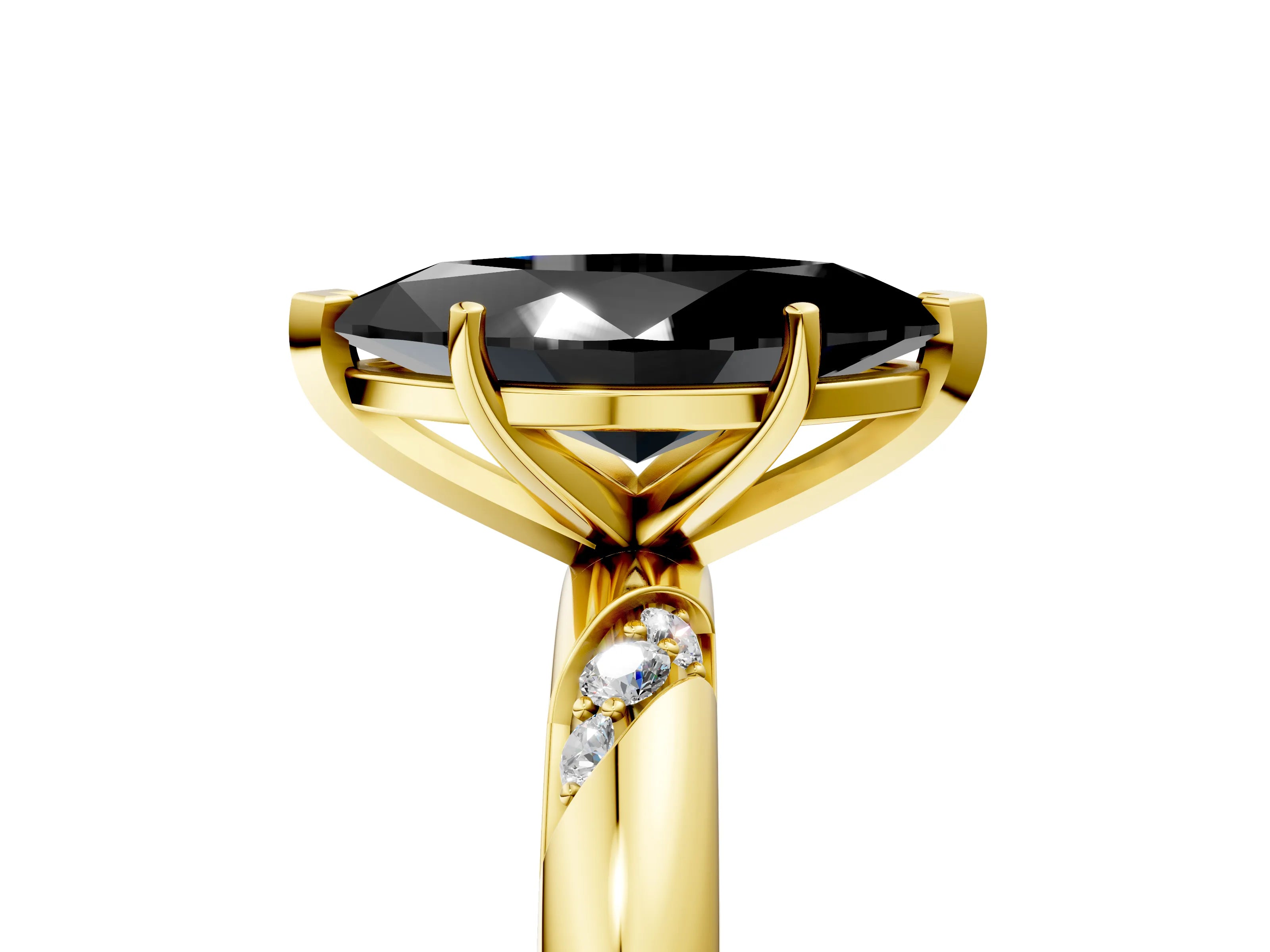 Yellow gold Fancy Black Marquise Cut Solitaire Diamond Engagement Ring with Twisted Pave Band and Four-Prong Setting_8