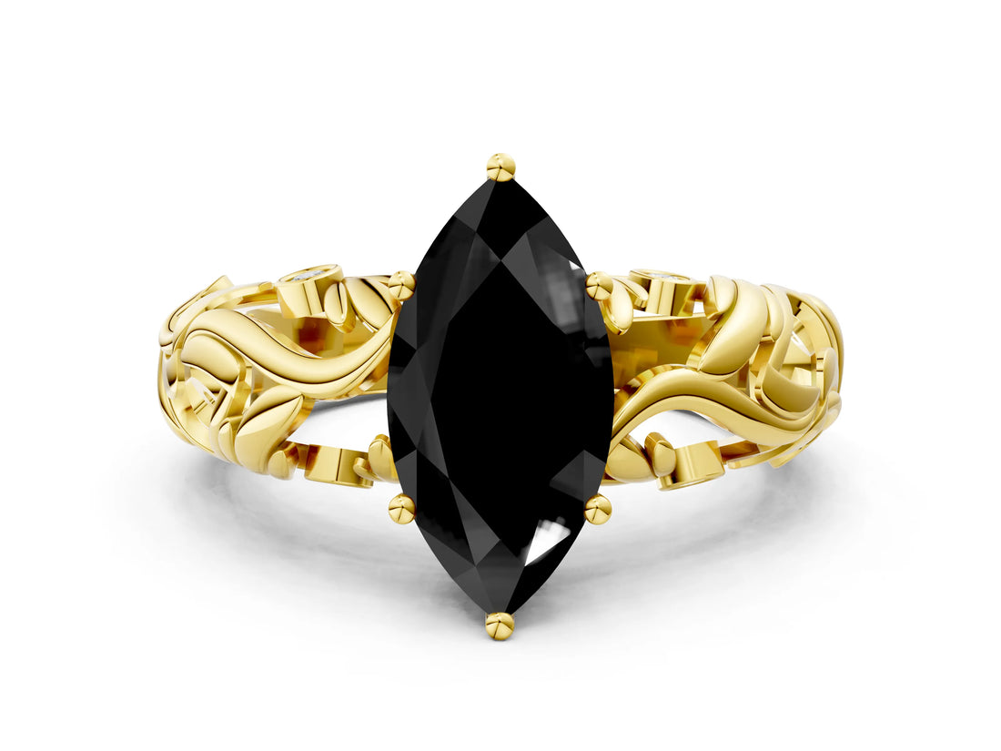 Yellow gold Fancy Black Marquise Cut Solitaire Diamond Leaf-Inspired Vine Band Ring with Prong Setting