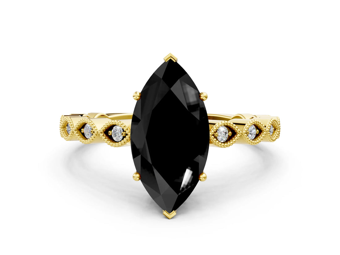 Yellow gold Fancy Black Marquise Cut Solitaire Diamond Ring with Infinity Twist Band and Four-Prong Setting_24