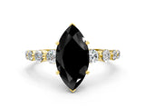 Yellow gold Fancy Black Marquise Cut Solitaire Diamond Ring with Pave Band and Four-Prong Setting