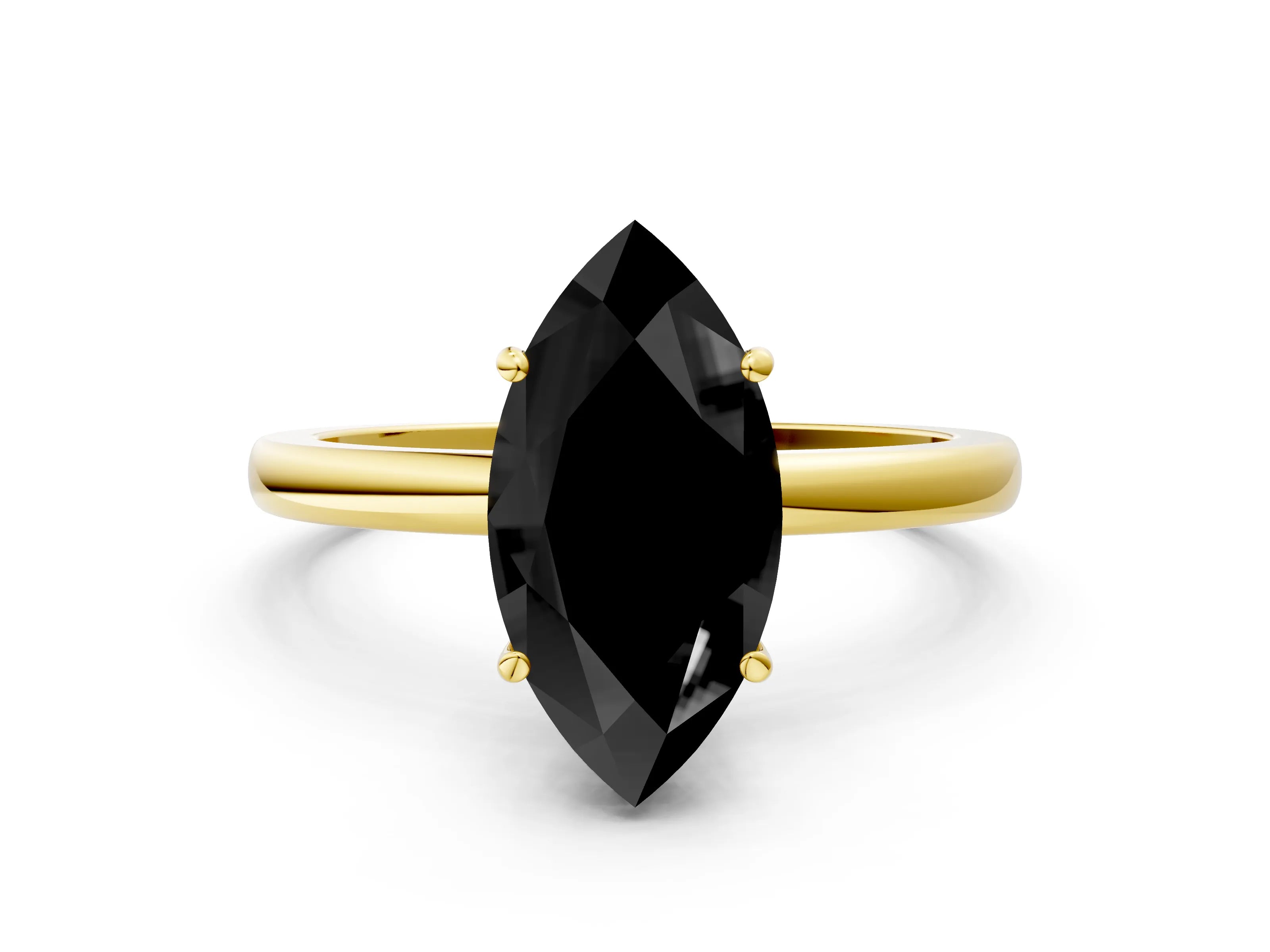 Yellow gold Fancy Black Marquise Cut Solitaire Diamond Ring with Prong Setting and Plain Band