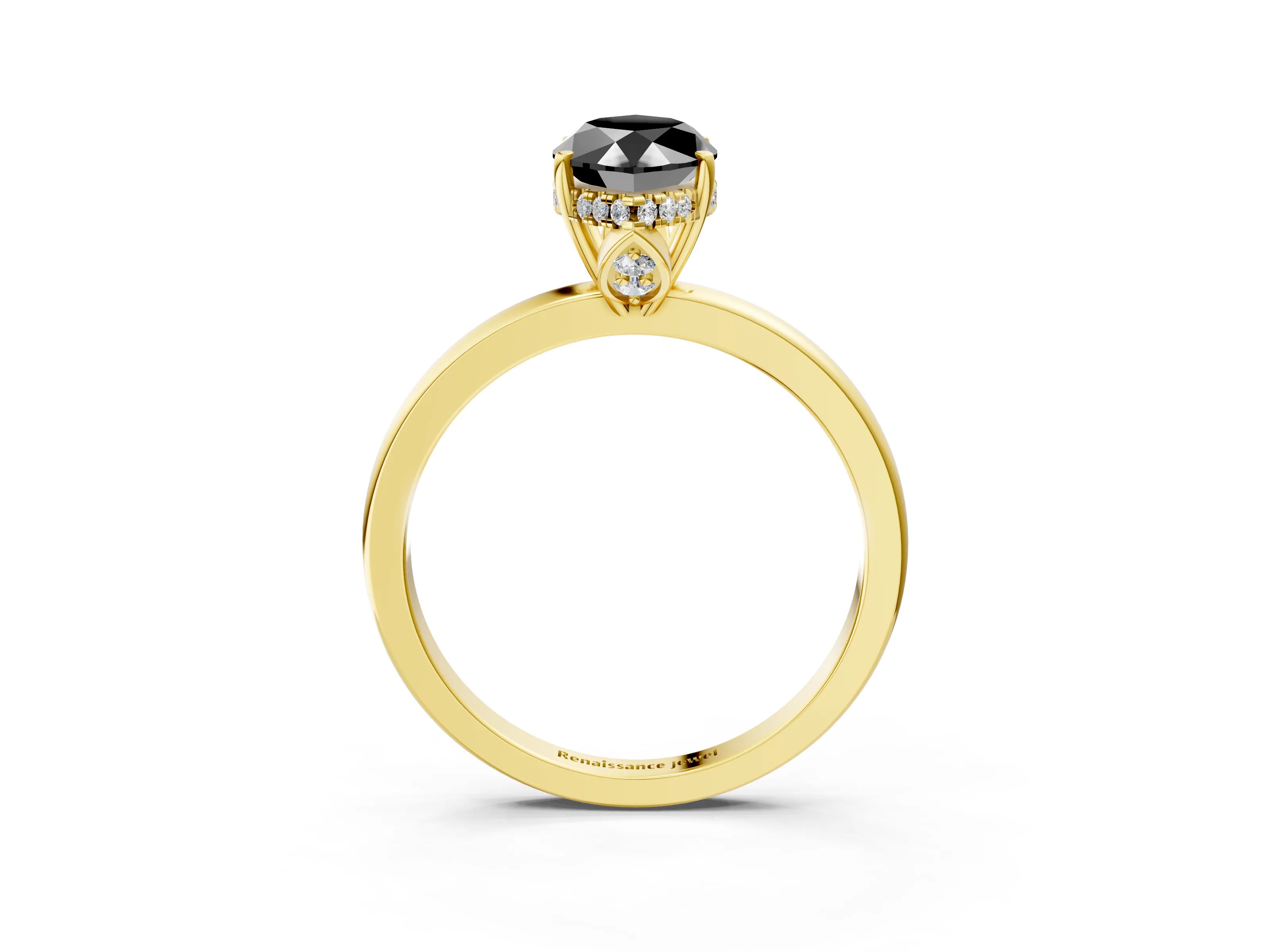 Yellow gold Fancy Black Marquise Cut Solitaire Diamond Ring with Prong Setting and Plain Band_3