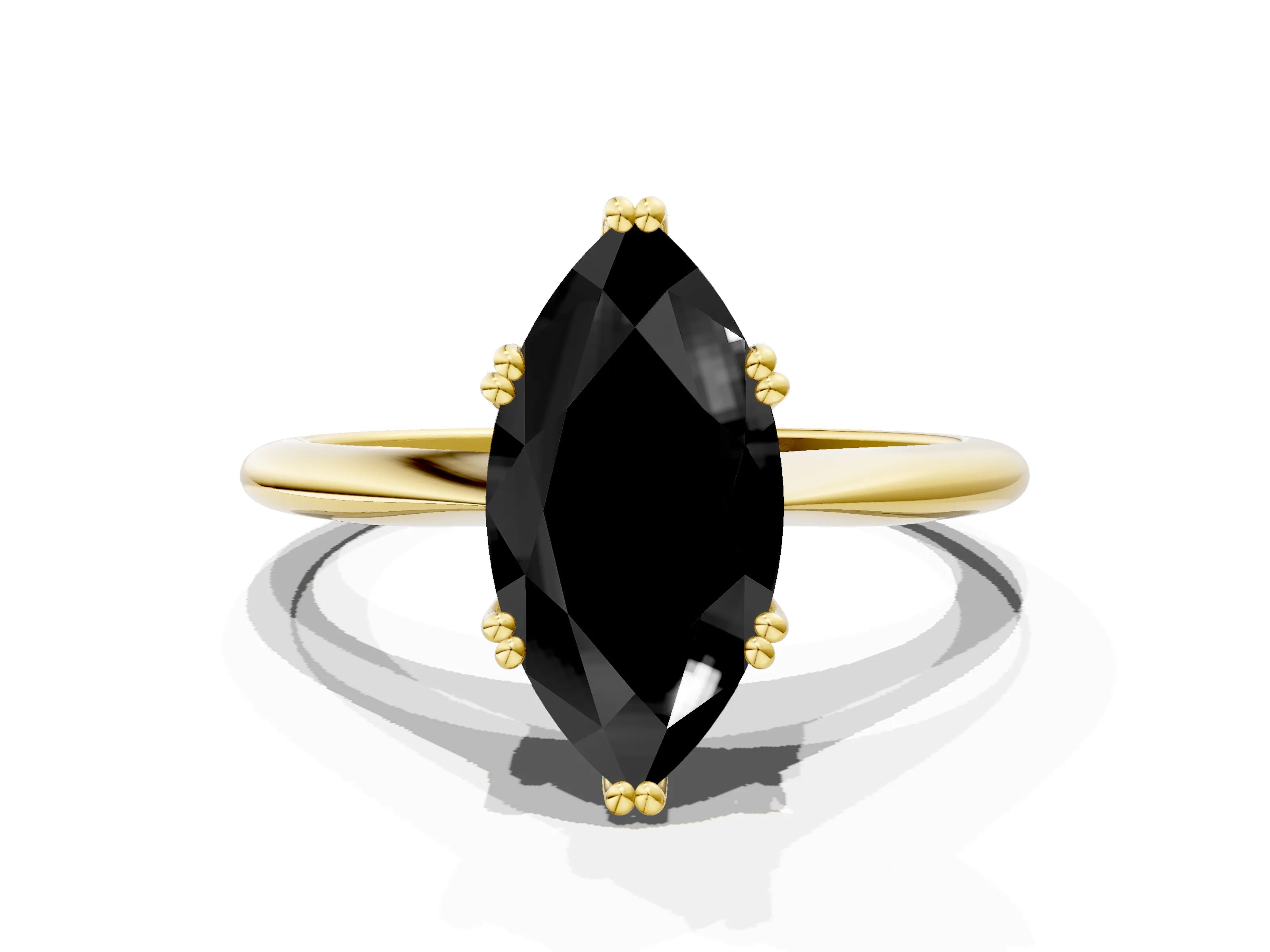 Yellow gold Fancy Black Marquise Cut Solitaire Diamond Ring with Six-Prong Setting and Classic Band