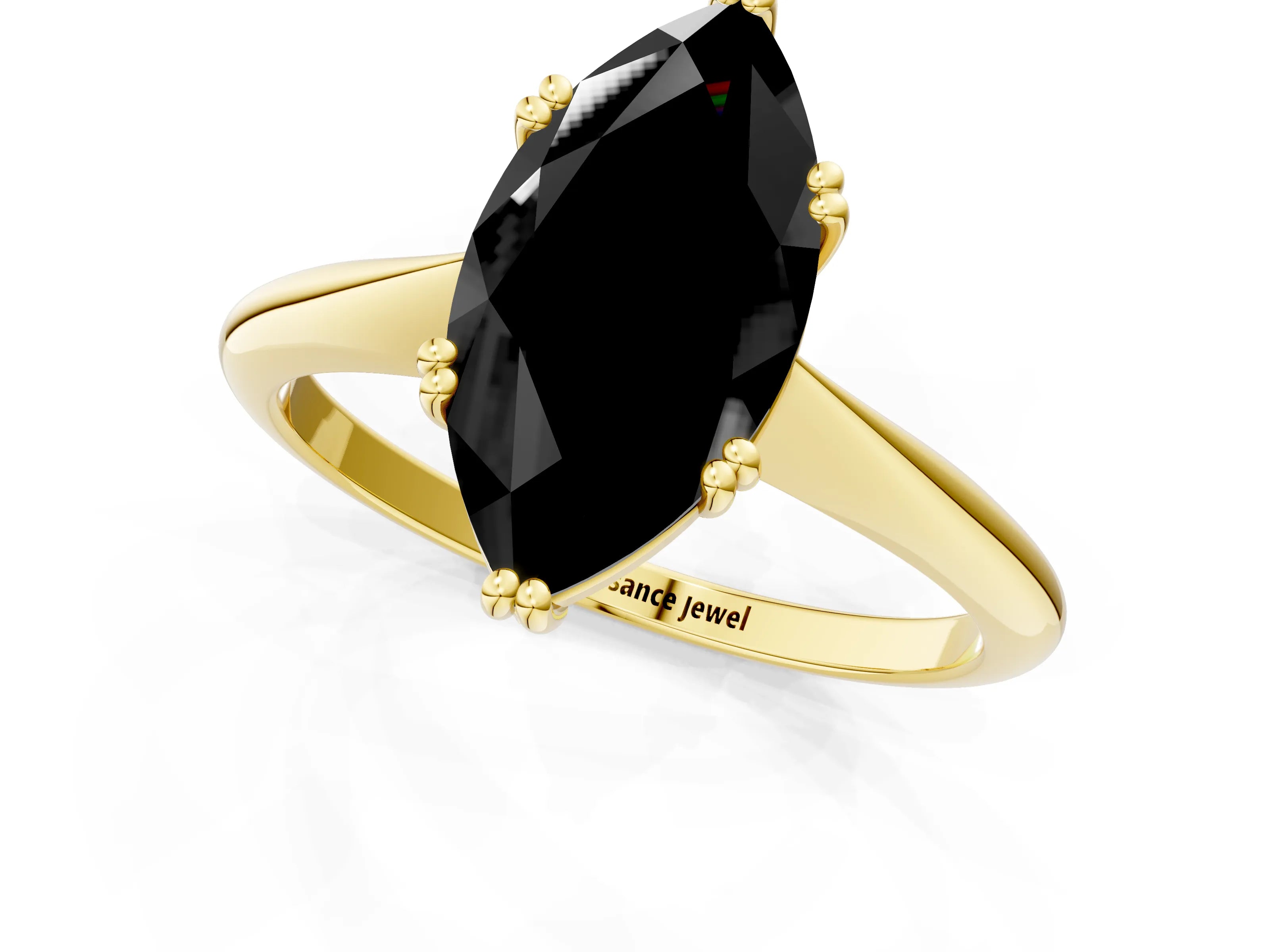 Yellow gold Fancy Black Marquise Cut Solitaire Diamond Ring with Six-Prong Setting and Classic Band_1