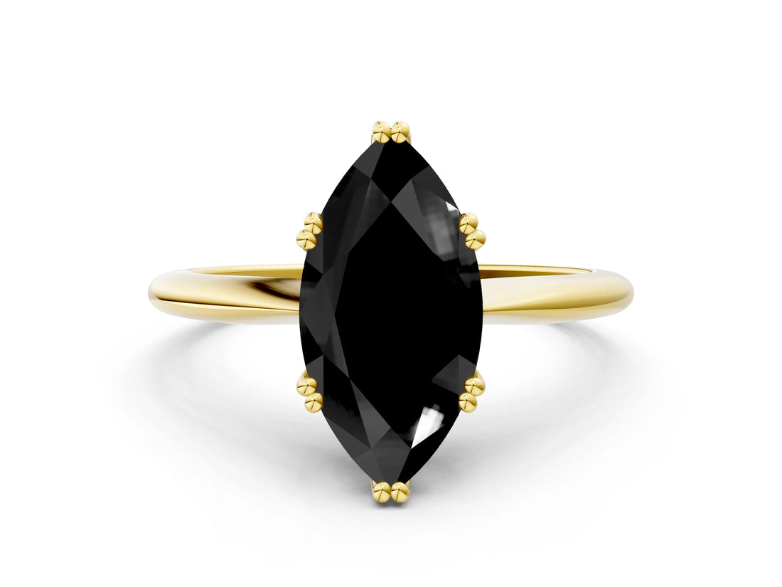 Yellow gold Fancy Black Marquise Cut Solitaire Diamond Ring with Six-Prong Setting and Classic Band_12