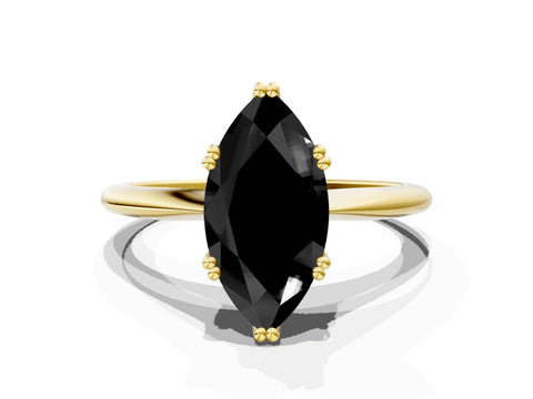 Yellow gold Fancy Black Marquise Cut Solitaire Diamond Ring with Six-Prong Setting and Classic Band