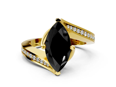 Yellow gold Fancy Black Marquise Cut Solitaire Diamond Twist Band with Pavé Setting and Four-Prong Setting