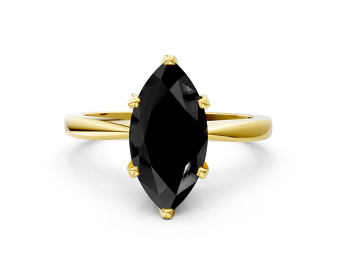 Yellow gold Fancy Black Marquise Cut Solitaire Engagement Ring with Six-Prong Setting and Tapered Band