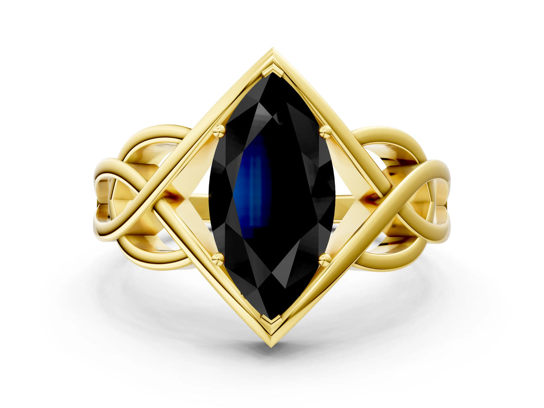 Yellow gold Fancy Black Marquise Cut Solitaire Intertwined Band Prong Setting Ring