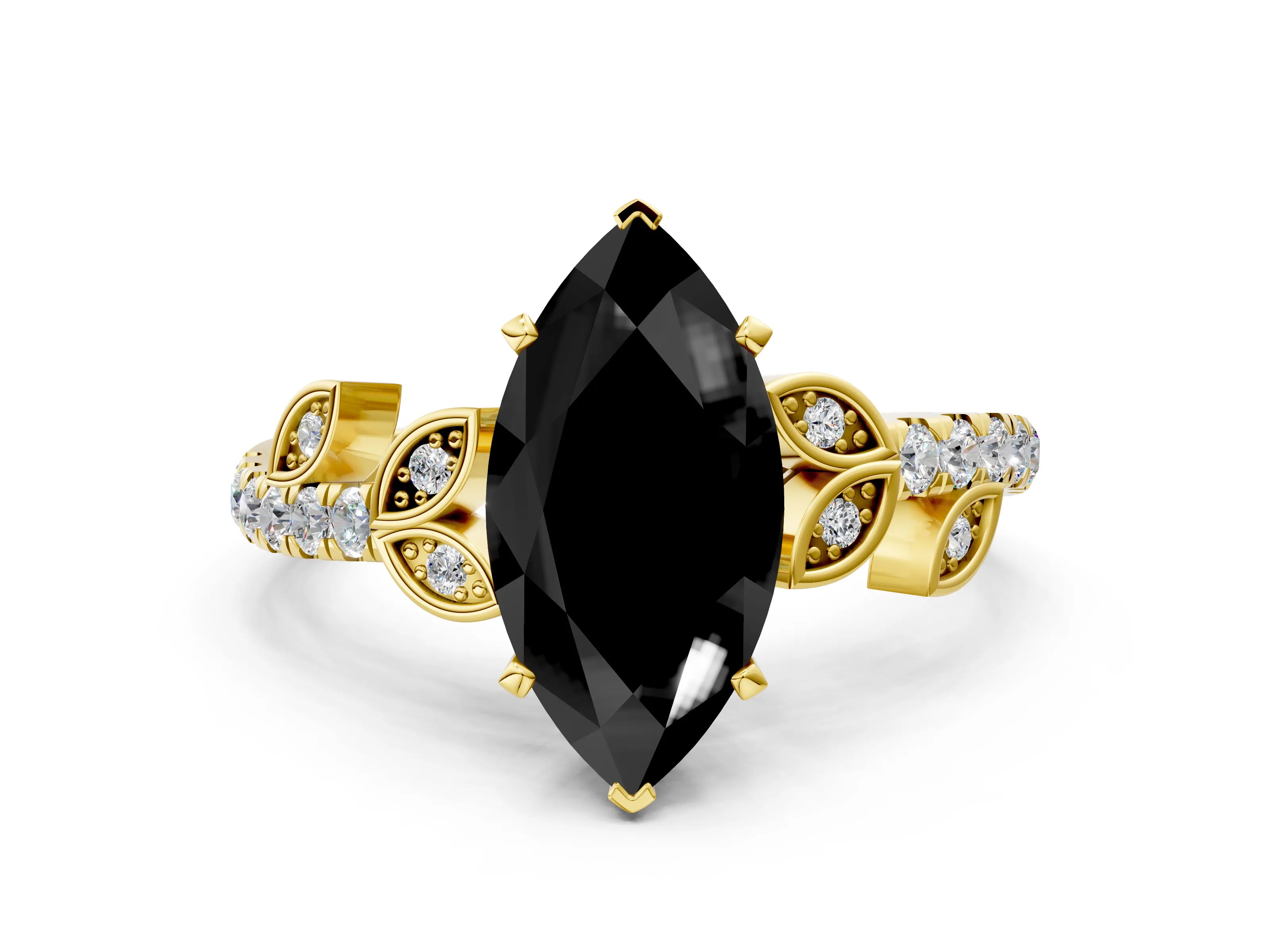 Yellow gold Fancy Black Marquise Cut Solitaire Leaf-Inspired Diamond Ring with Pavé Band and Four-Prong Setting