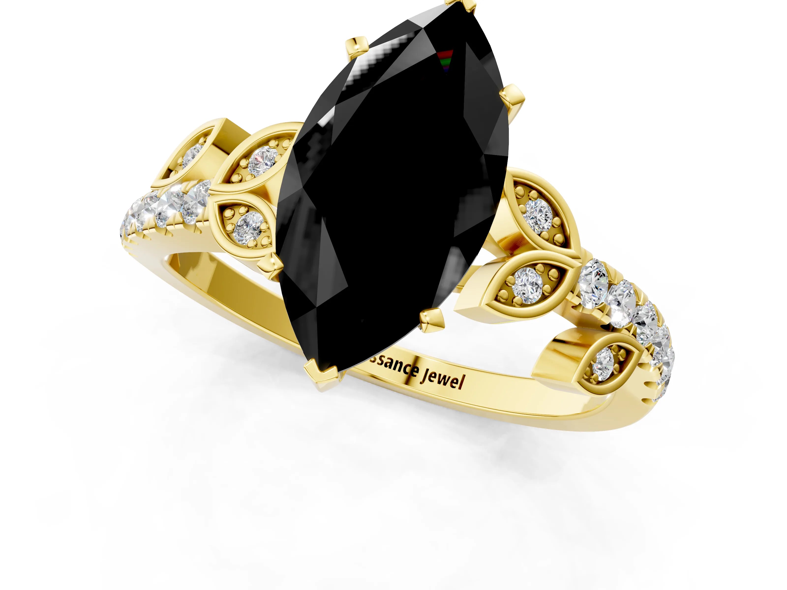 Yellow gold Fancy Black Marquise Cut Solitaire Leaf-Inspired Diamond Ring with Pavé Band and Four-Prong Setting_1