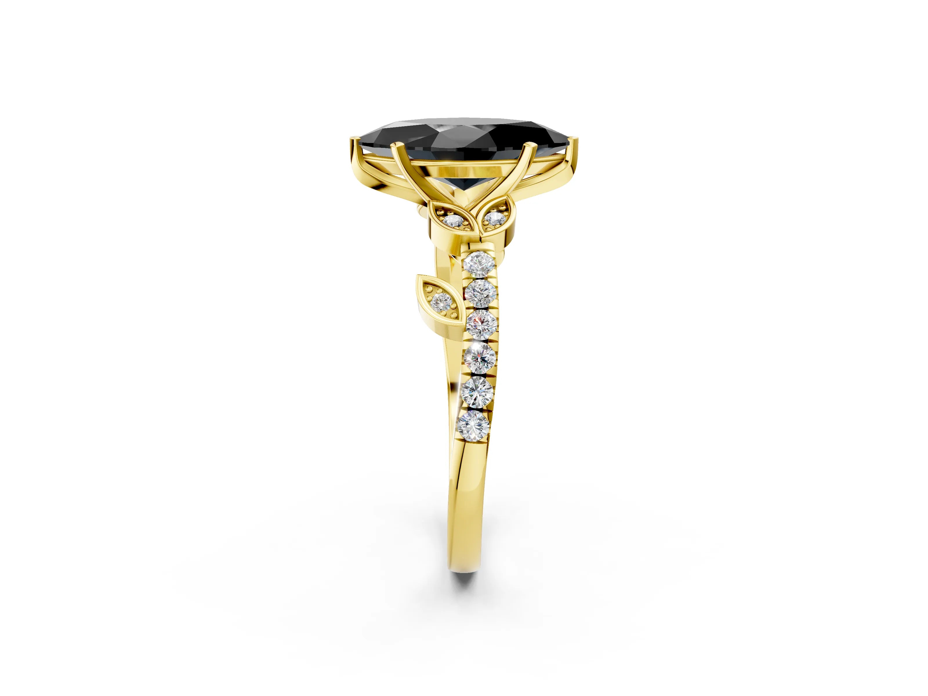 Yellow gold Fancy Black Marquise Cut Solitaire Leaf-Inspired Diamond Ring with Pavé Band and Four-Prong Setting_2