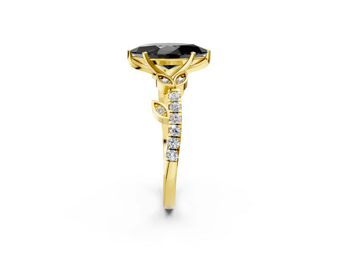Yellow gold Fancy Black Marquise Cut Solitaire Leaf-Inspired Diamond Ring with Pavé Band and Four-Prong Setting_2