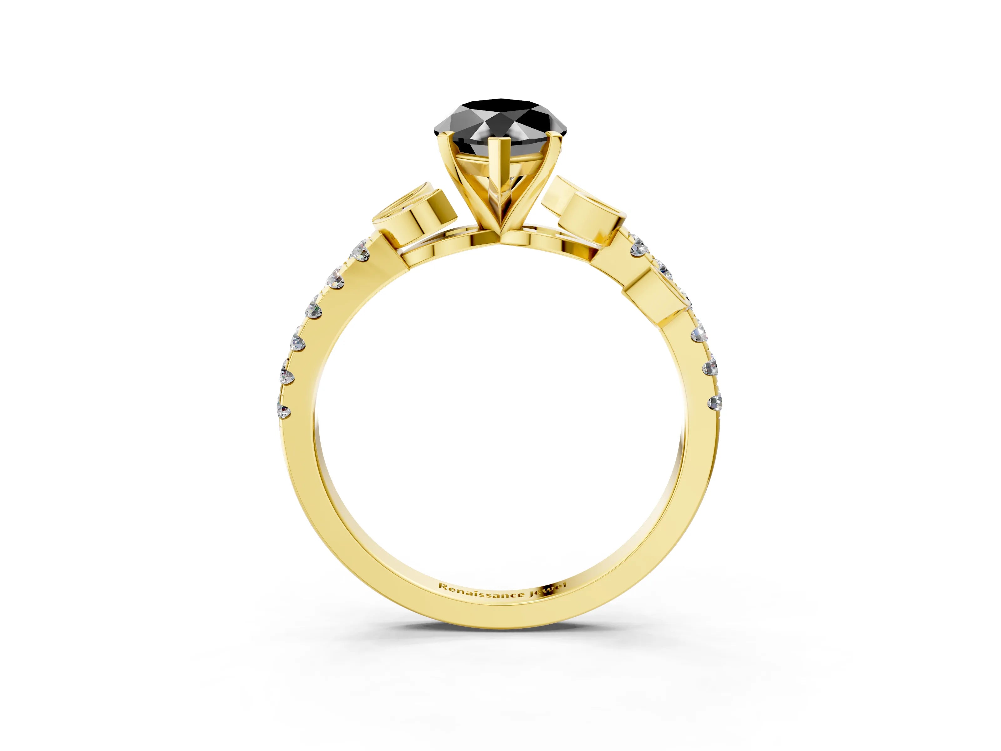 Yellow gold Fancy Black Marquise Cut Solitaire Leaf-Inspired Diamond Ring with Pavé Band and Four-Prong Setting_3