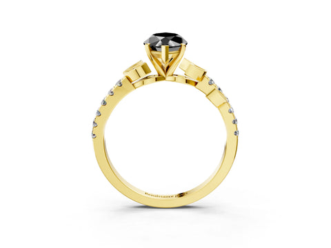 Yellow gold Fancy Black Marquise Cut Solitaire Leaf-Inspired Diamond Ring with Pavé Band and Four-Prong Setting_3