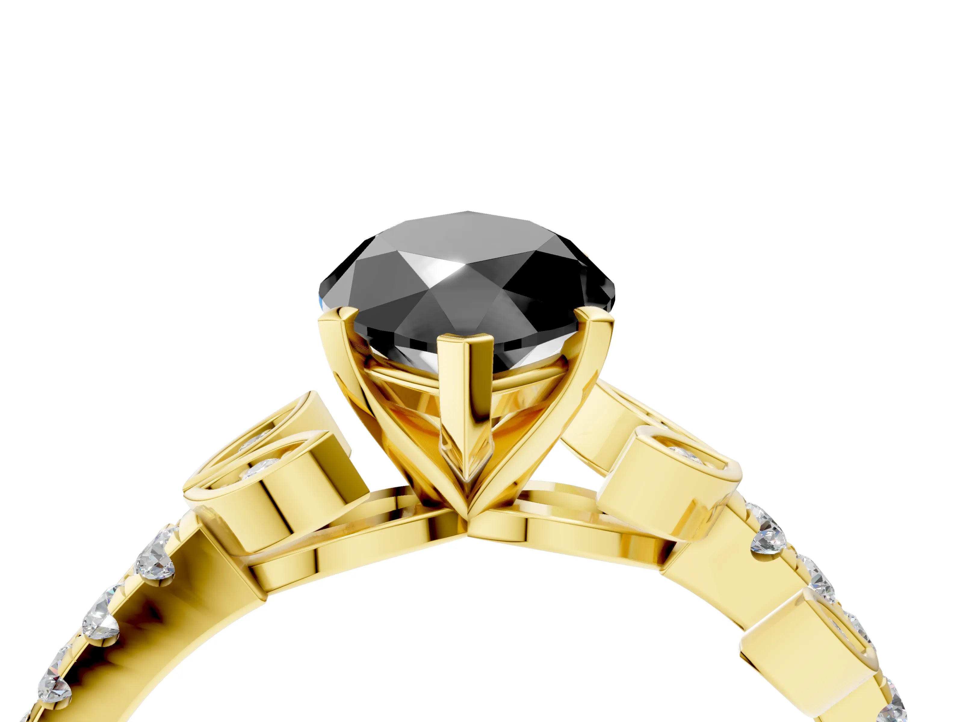 Yellow gold Fancy Black Marquise Cut Solitaire Leaf-Inspired Diamond Ring with Pavé Band and Four-Prong Setting_4