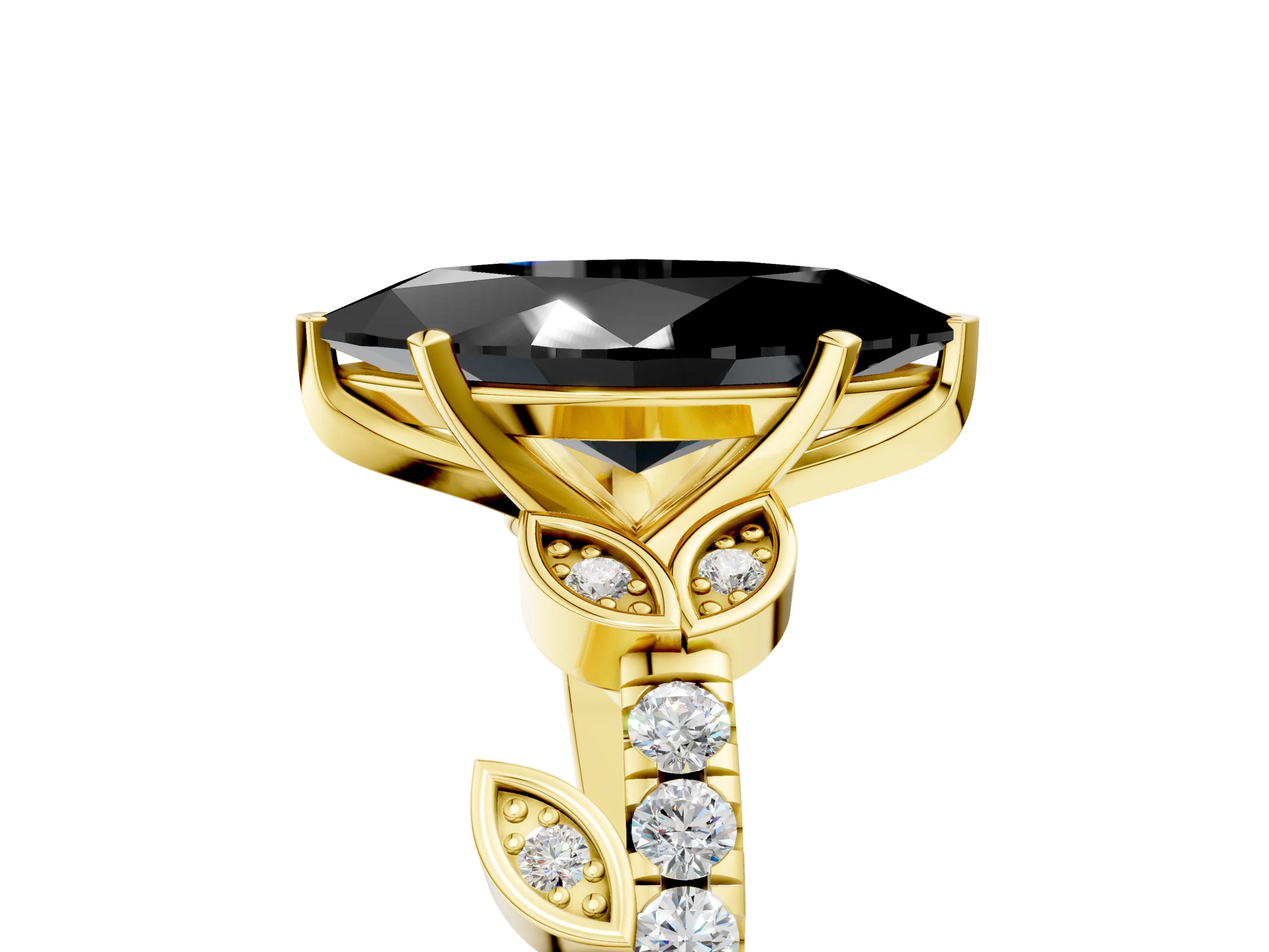 Yellow gold Fancy Black Marquise Cut Solitaire Leaf-Inspired Diamond Ring with Pavé Band and Four-Prong Setting_5