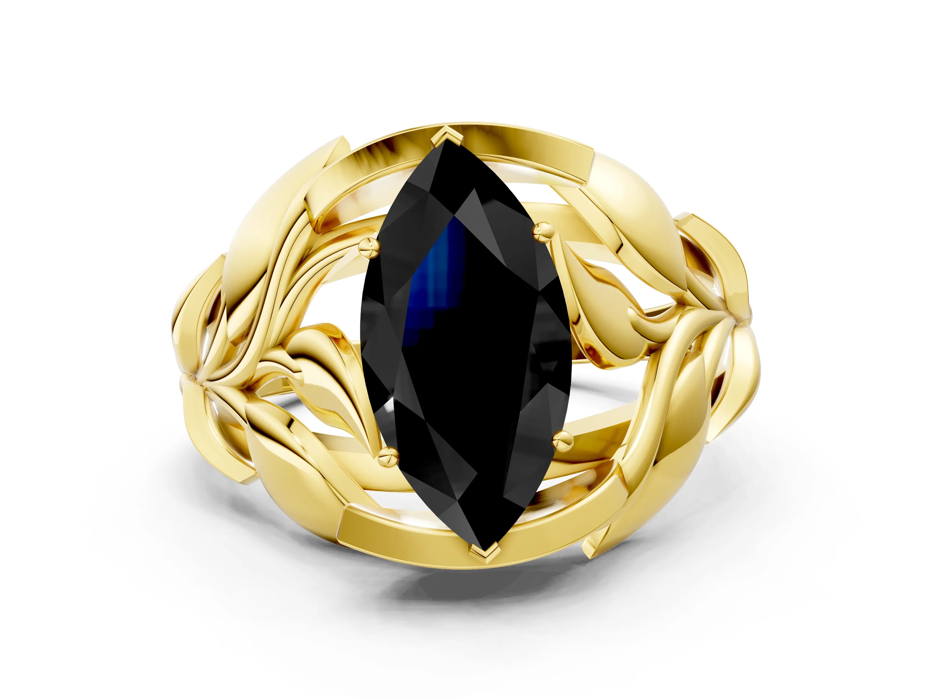 Yellow gold Fancy Black Marquise Cut Solitaire Leaf-Inspired Engagement Ring with Prong Setting