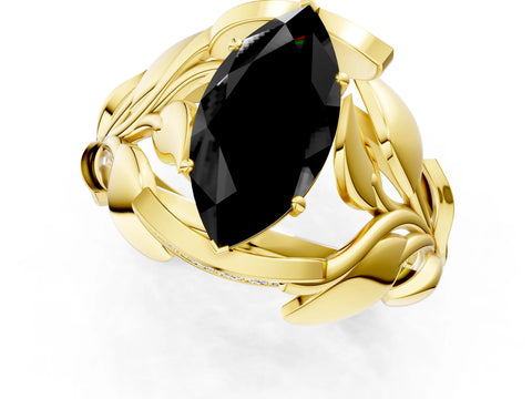Yellow gold Fancy Black Marquise Cut Solitaire Leaf-Inspired Engagement Ring with Prong Setting_1