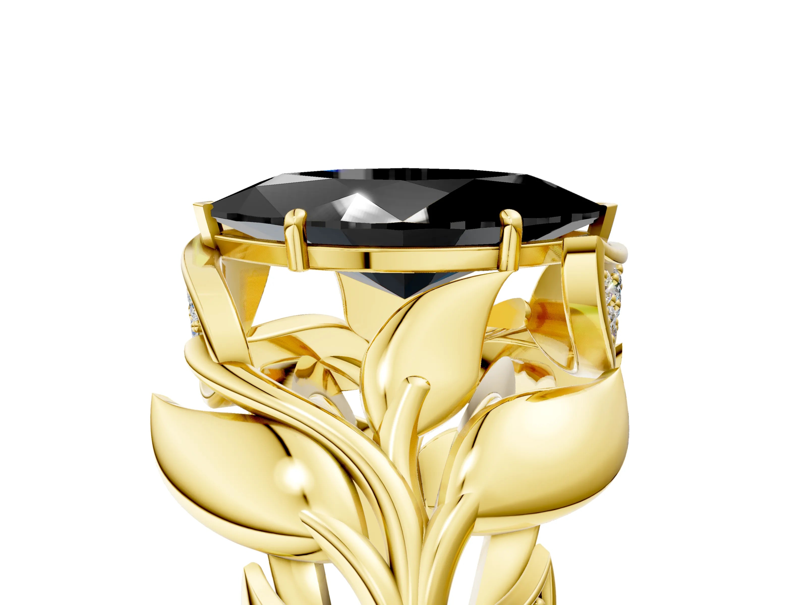 Yellow gold Fancy Black Marquise Cut Solitaire Leaf-Inspired Engagement Ring with Prong Setting_5