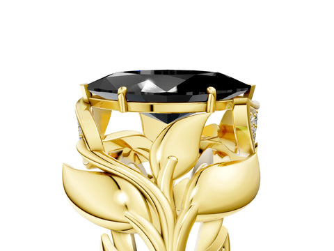 Yellow gold Fancy Black Marquise Cut Solitaire Leaf-Inspired Engagement Ring with Prong Setting_5