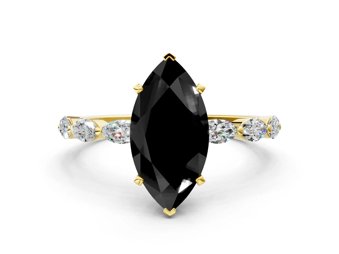 Yellow gold Fancy Black Marquise Cut Solitaire Marquise Side Stone Prong Setting Ring