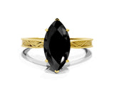 Yellow gold Fancy Black Marquise Cut Solitaire Milgrain Engraved Band with Four-Prong Setting