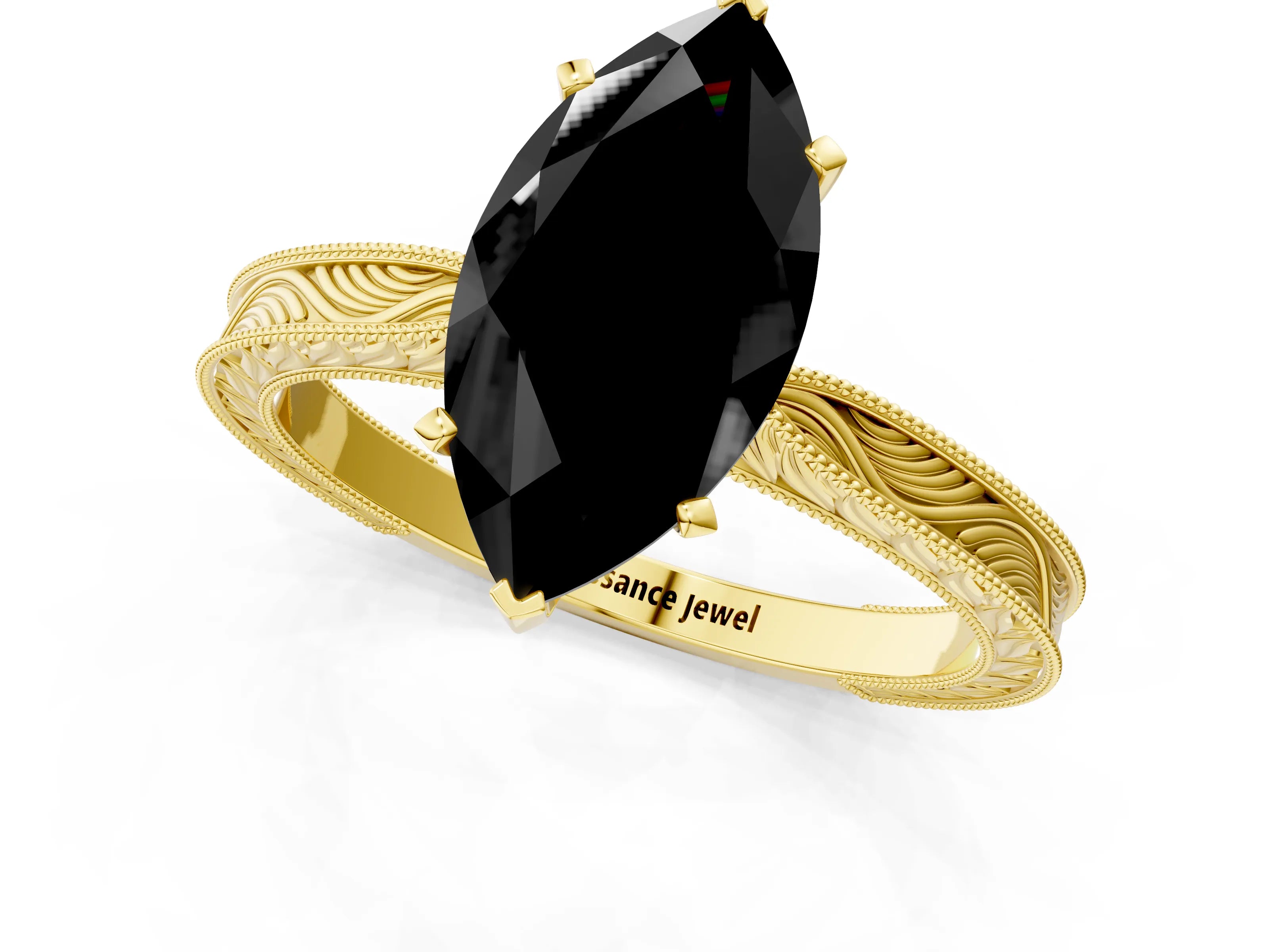 Yellow gold Fancy Black Marquise Cut Solitaire Milgrain Engraved Band with Four-Prong Setting_1