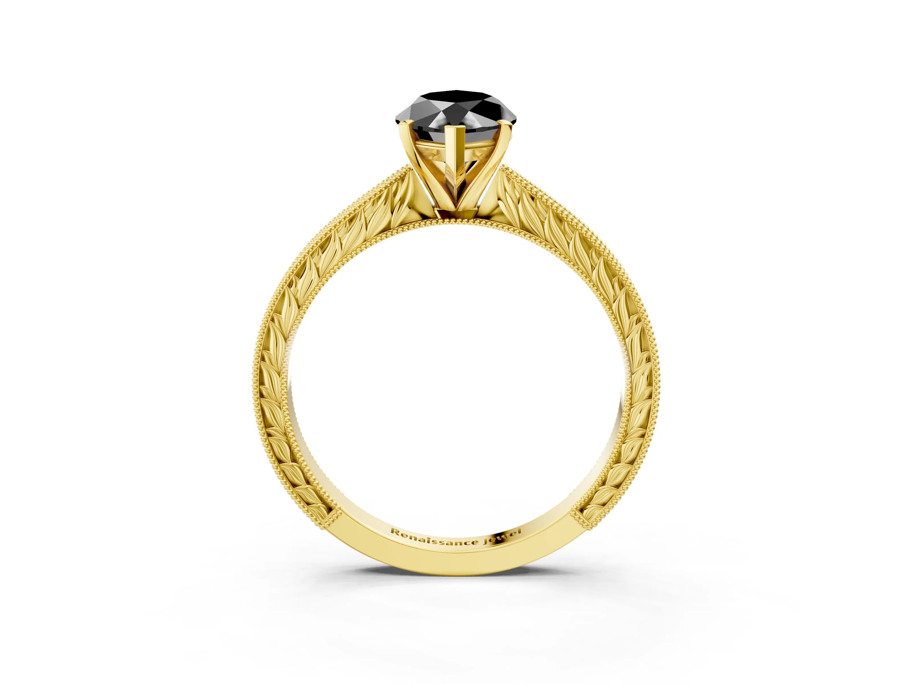Yellow gold Fancy Black Marquise Cut Solitaire Milgrain Engraved Band with Four-Prong Setting_3